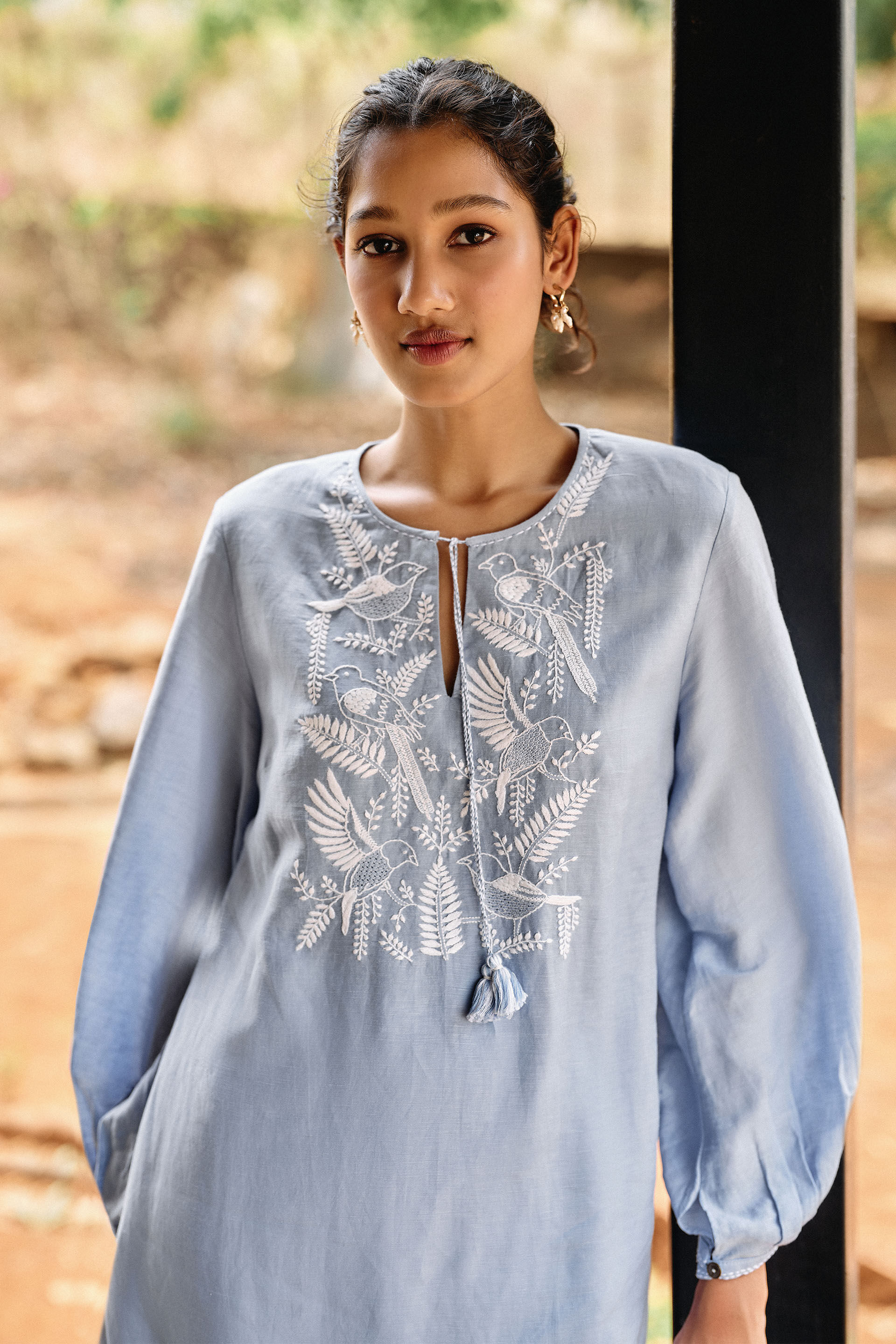 Cloud Sky Hand-embroidered Chikankari Linen Co-ord - Blue, Blue, image 3